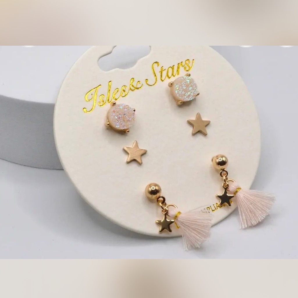 Set Of 3 Pairs Druzy & Metal Stud And Fringe Drop Earrings